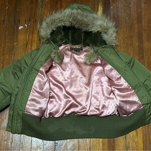 Rocawear Green Puffer Jacket with Pink Lining and Faux Fur Hood